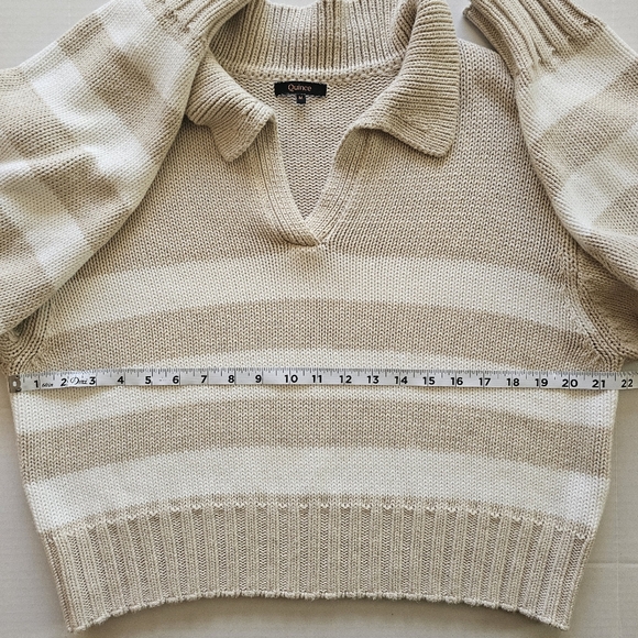 Quince Organic Cotton Striped Collared Cropped Sweater M Beige White Minimalist - Picture 7 of 8